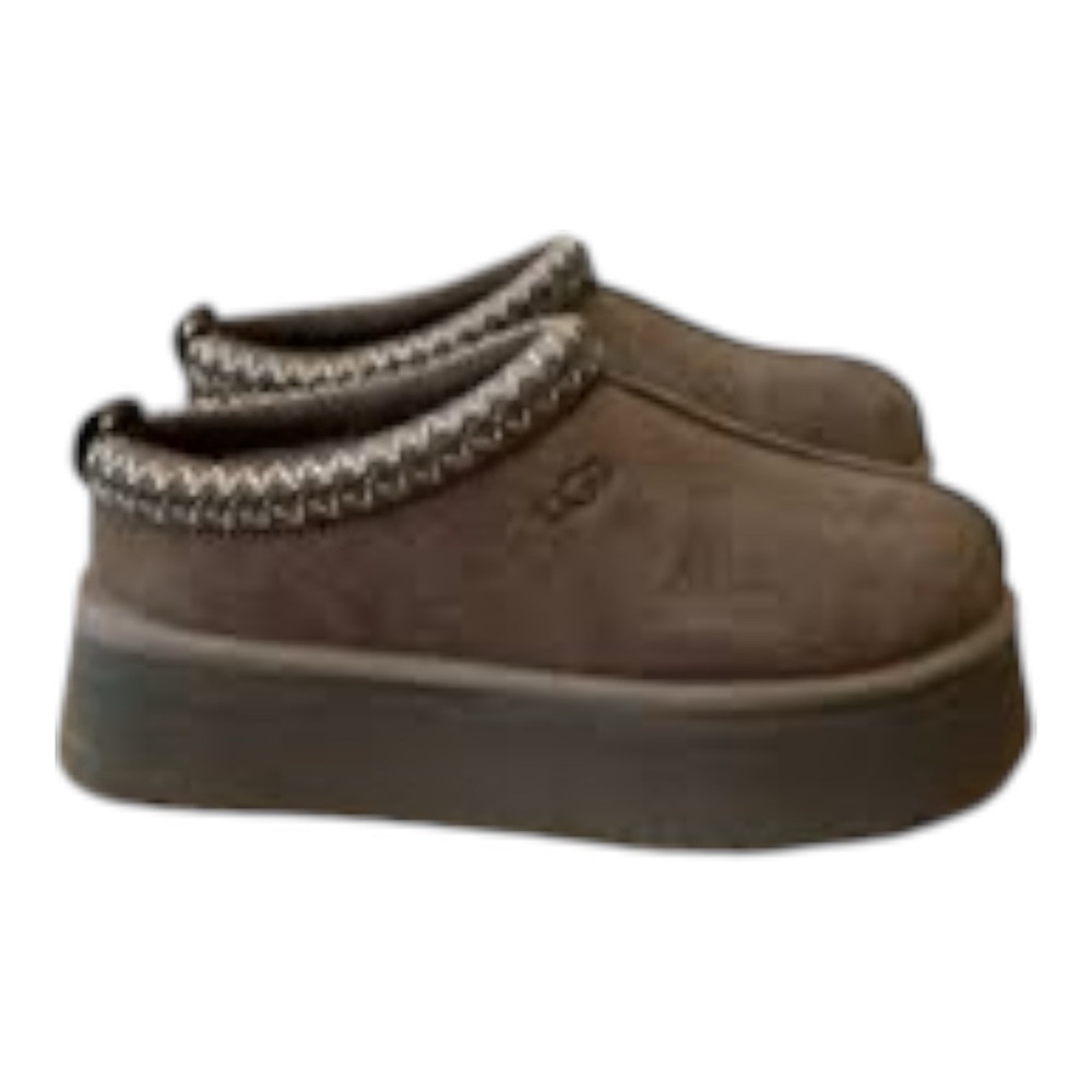 UGG Brown Suede Platform Slippers with Knit Trim
